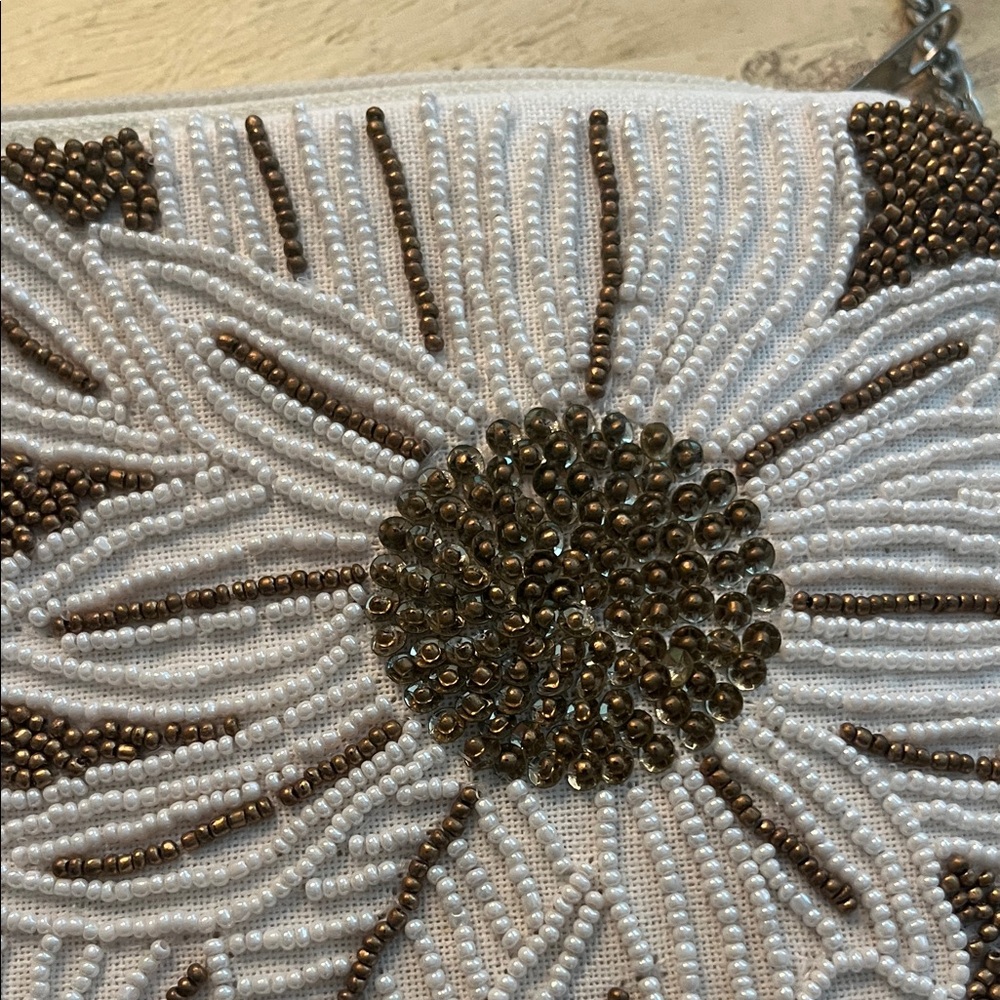 Beaded White and Bronze Floral Wristlet Clutch